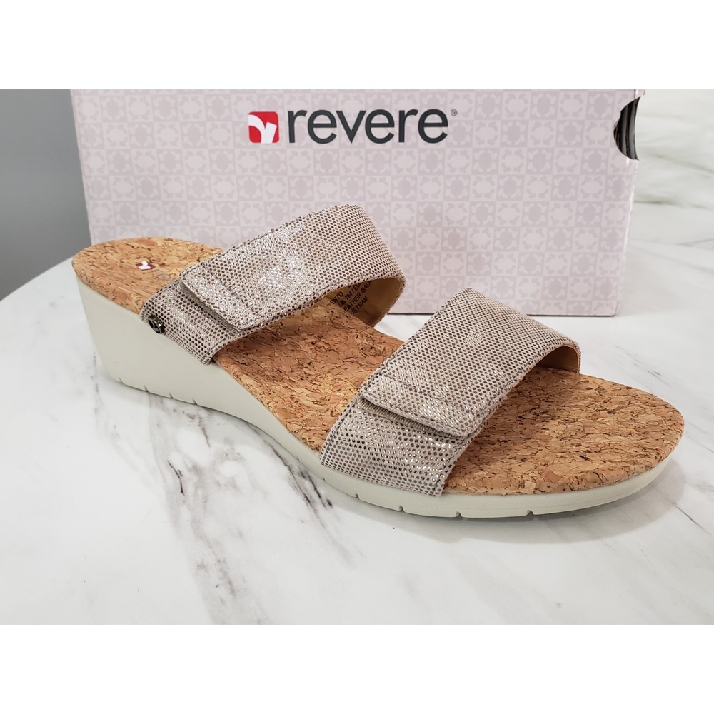 NEW SZ 9 Revere Sorrento Wedge Sandal Champagne Angle TAUPE BEIGE SLIDES